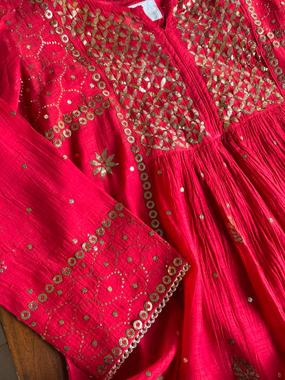 Red Mukaish Mul Chanderi Silk Dress