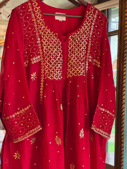 Red Mukaish Mul Chanderi Silk Dress