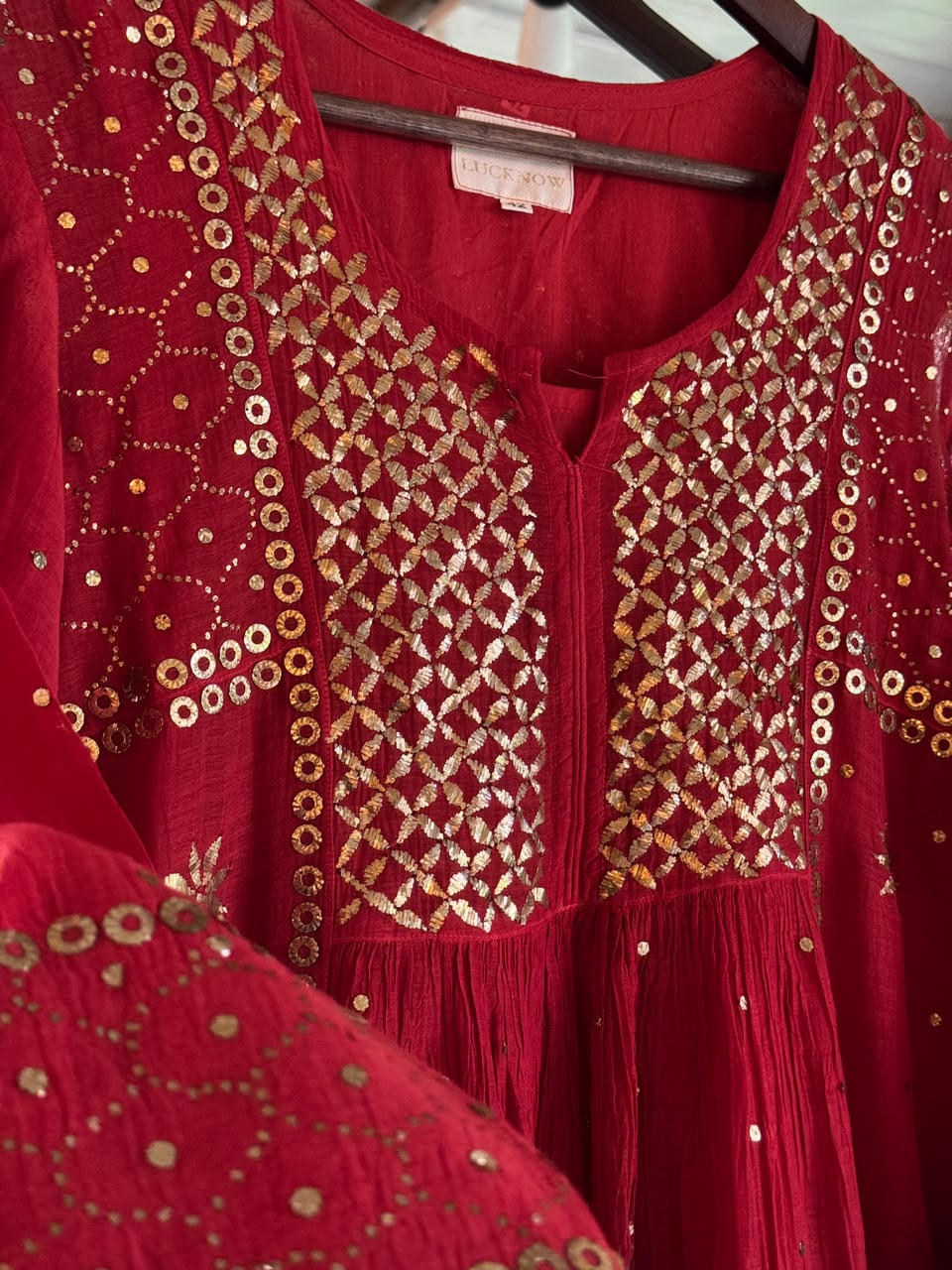 Red Mukaish Mul Chanderi Silk Dress