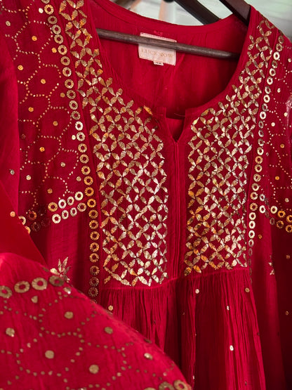 Red Mukaish Mul Chanderi Silk Dress