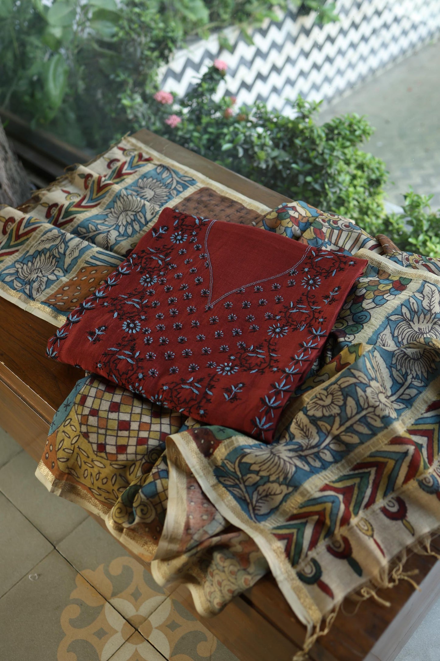 Red Multi Mul Chanderi Silk Kalamkari Unstitched Kurta Dupatta Set