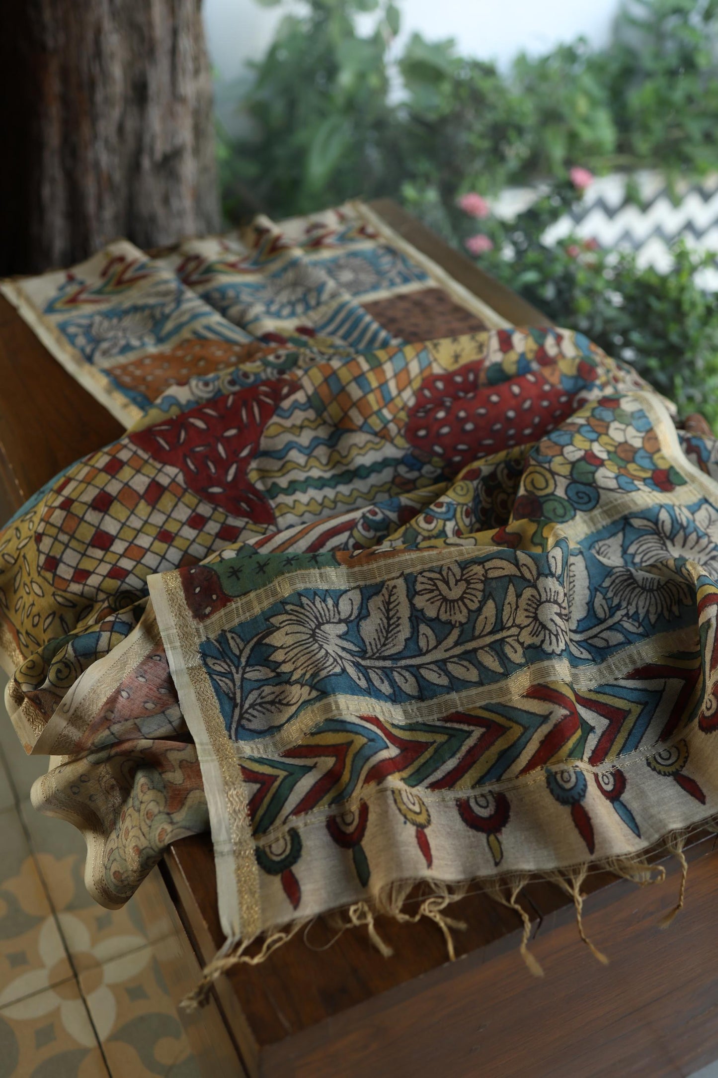 Red Multi Mul Chanderi Silk Kalamkari Unstitched Kurta Dupatta Set