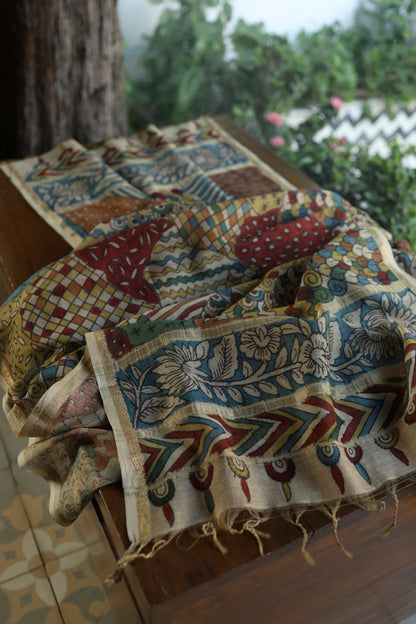 Red Multi Mul Chanderi Silk Kalamkari Unstitched Kurta Dupatta Set