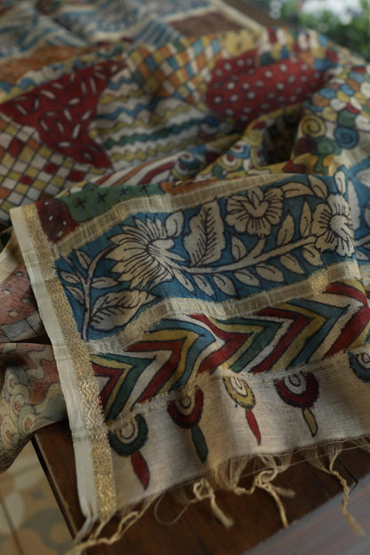 Red Multi Mul Chanderi Silk Kalamkari Unstitched Kurta Dupatta Set