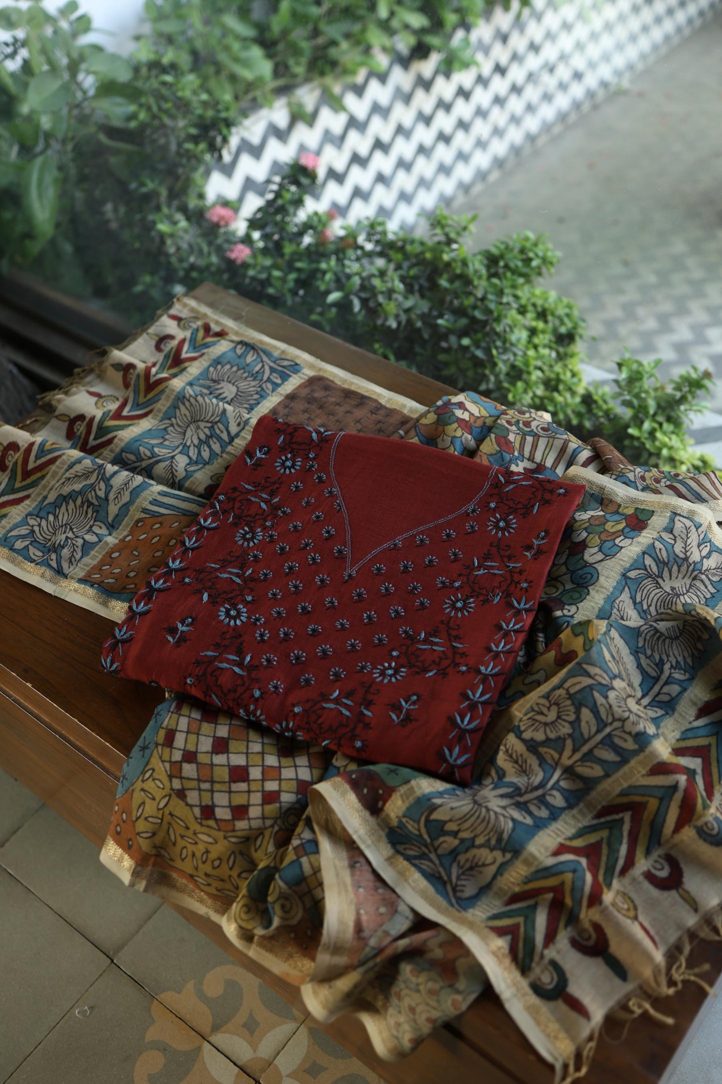 Red Multi Mul Chanderi Silk Kalamkari Unstitched Kurta Dupatta Set