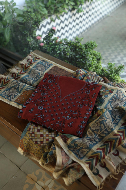 Red Multi Mul Chanderi Silk Kalamkari Unstitched Kurta Dupatta Set