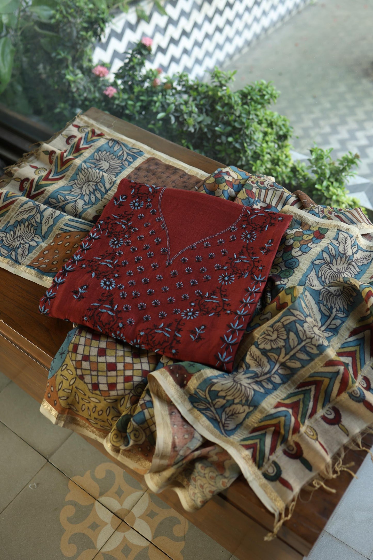 Red Multi Mul Chanderi Silk Kalamkari Unstitched Kurta Dupatta Set