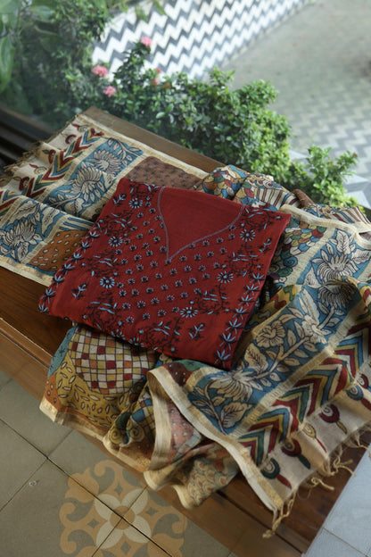 Red Multi Mul Chanderi Silk Kalamkari Unstitched Kurta Dupatta Set