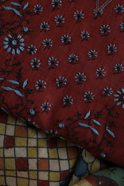 Red Multi Mul Chanderi Silk Kalamkari Unstitched Kurta Dupatta Set