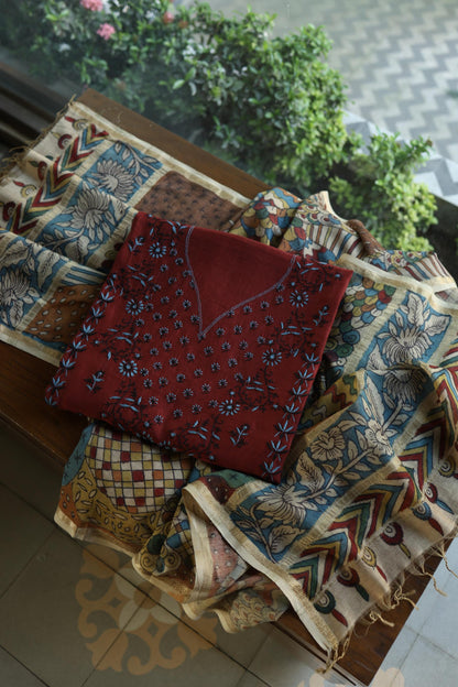 Red Multi Mul Chanderi Silk Kalamkari Unstitched Kurta Dupatta Set