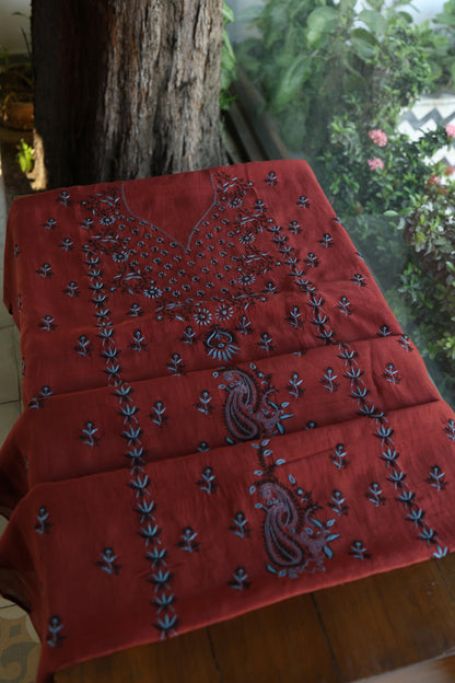 Red Multi Mul Chanderi Silk Kalamkari Unstitched Kurta Dupatta Set