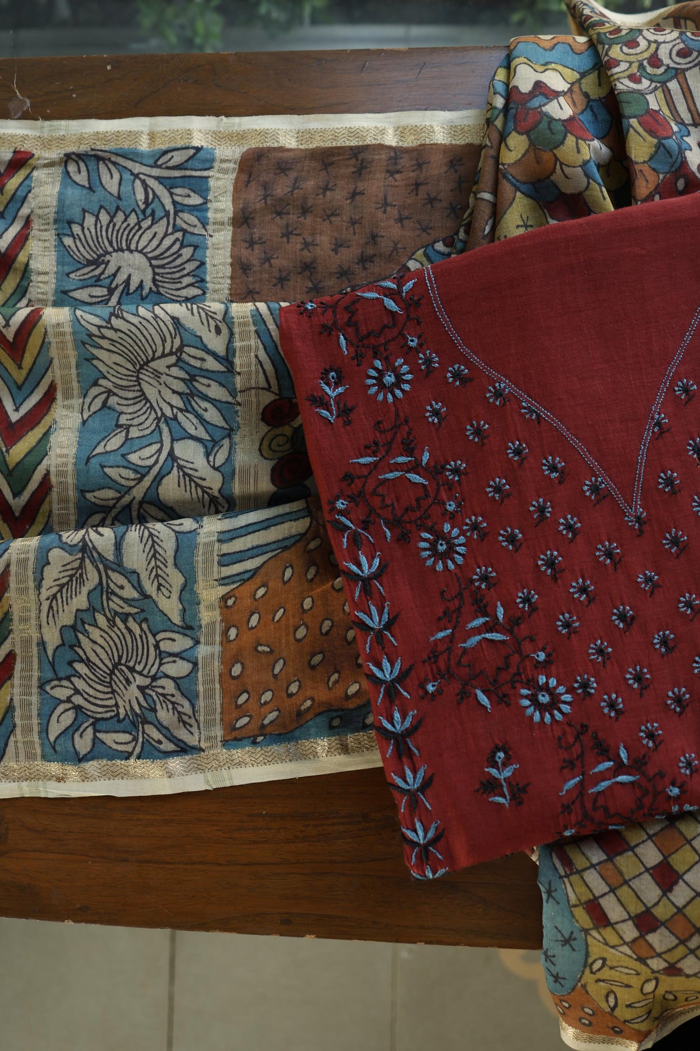 Red Multi Mul Chanderi Silk Kalamkari Unstitched Kurta Dupatta Set