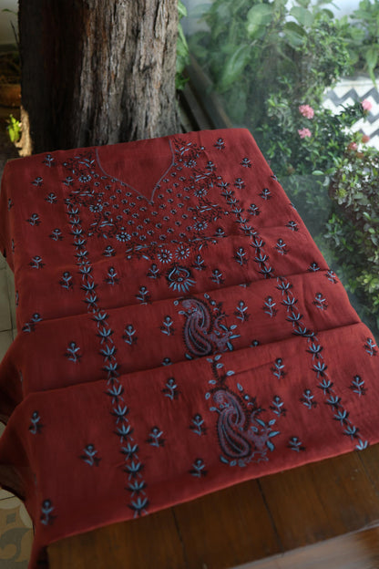 Red Multi Mul Chanderi Silk Kalamkari Unstitched Kurta Dupatta Set