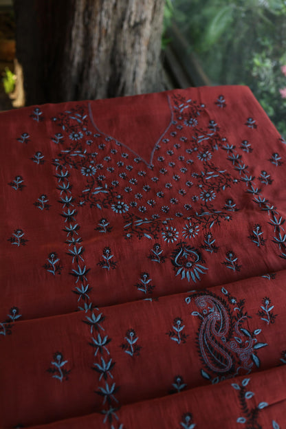 Red Multi Mul Chanderi Silk Kalamkari Unstitched Kurta Dupatta Set