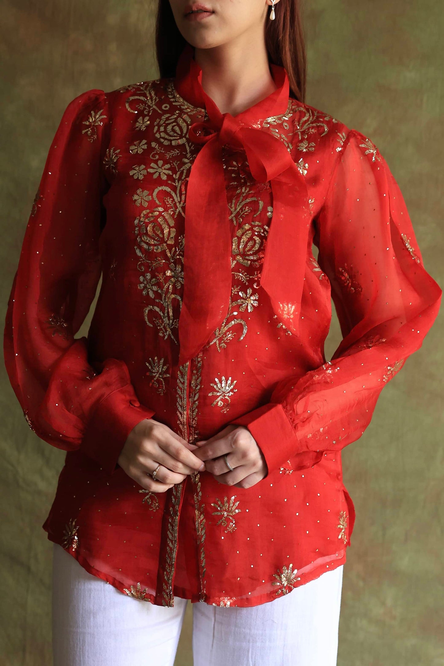 Red Noor Organza Mukaish Badla Chikankari Short Top With Bow Tie