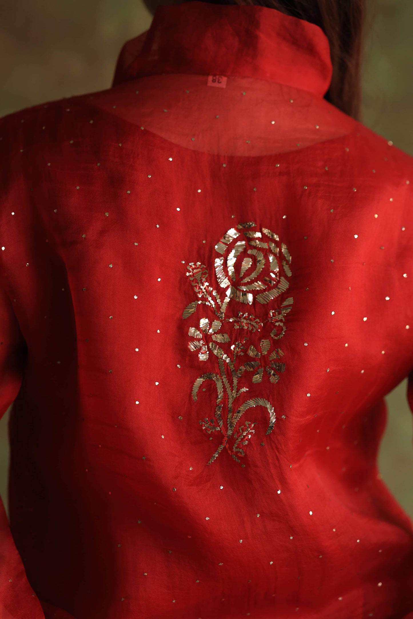 Red Noor Organza Mukaish Badla Chikankari Short Top With Bow Tie