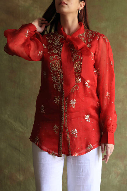 Red Noor Organza Mukaish Badla Chikankari Short Top With Bow Tie