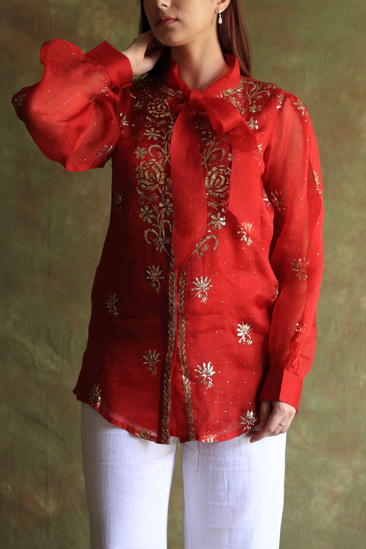Red Noor Organza Mukaish Badla Chikankari Short Top With Bow Tie