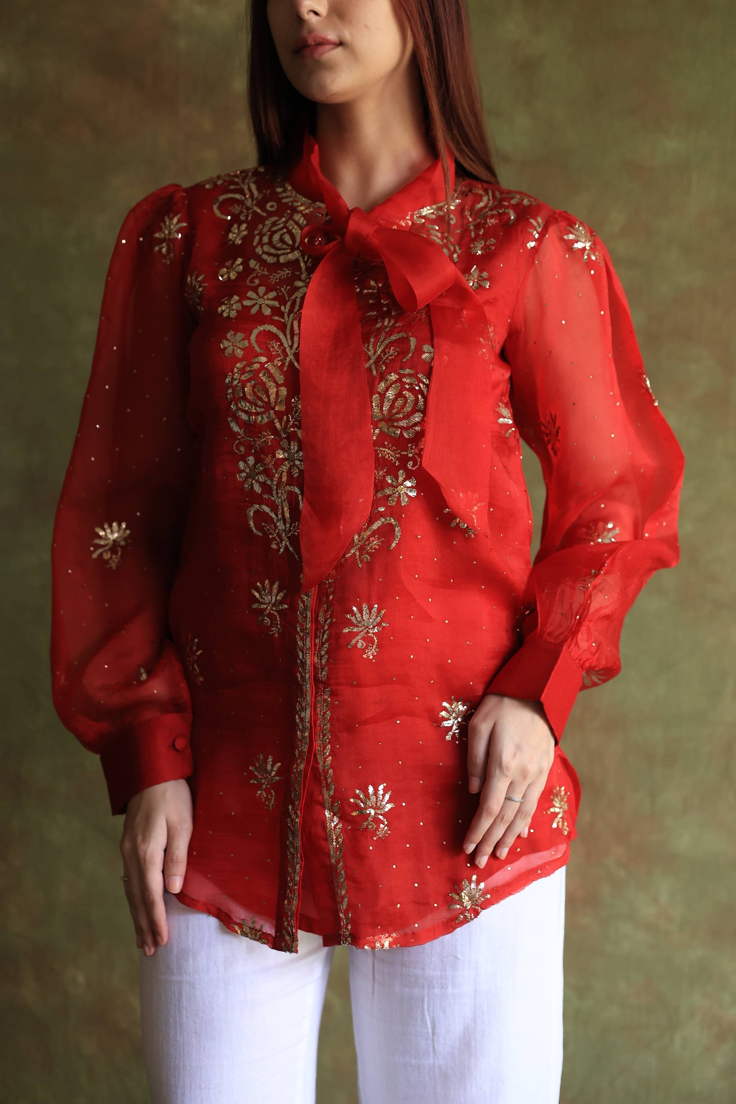 Red Noor Organza Mukaish Badla Chikankari Short Top With Bow Tie