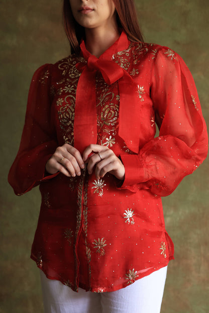 Red Noor Organza Mukaish Badla Chikankari Short Top With Bow Tie