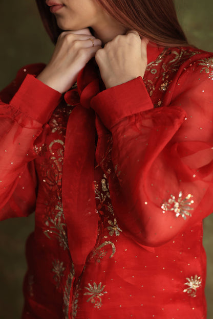 Red Noor Organza Mukaish Badla Chikankari Short Top With Bow Tie