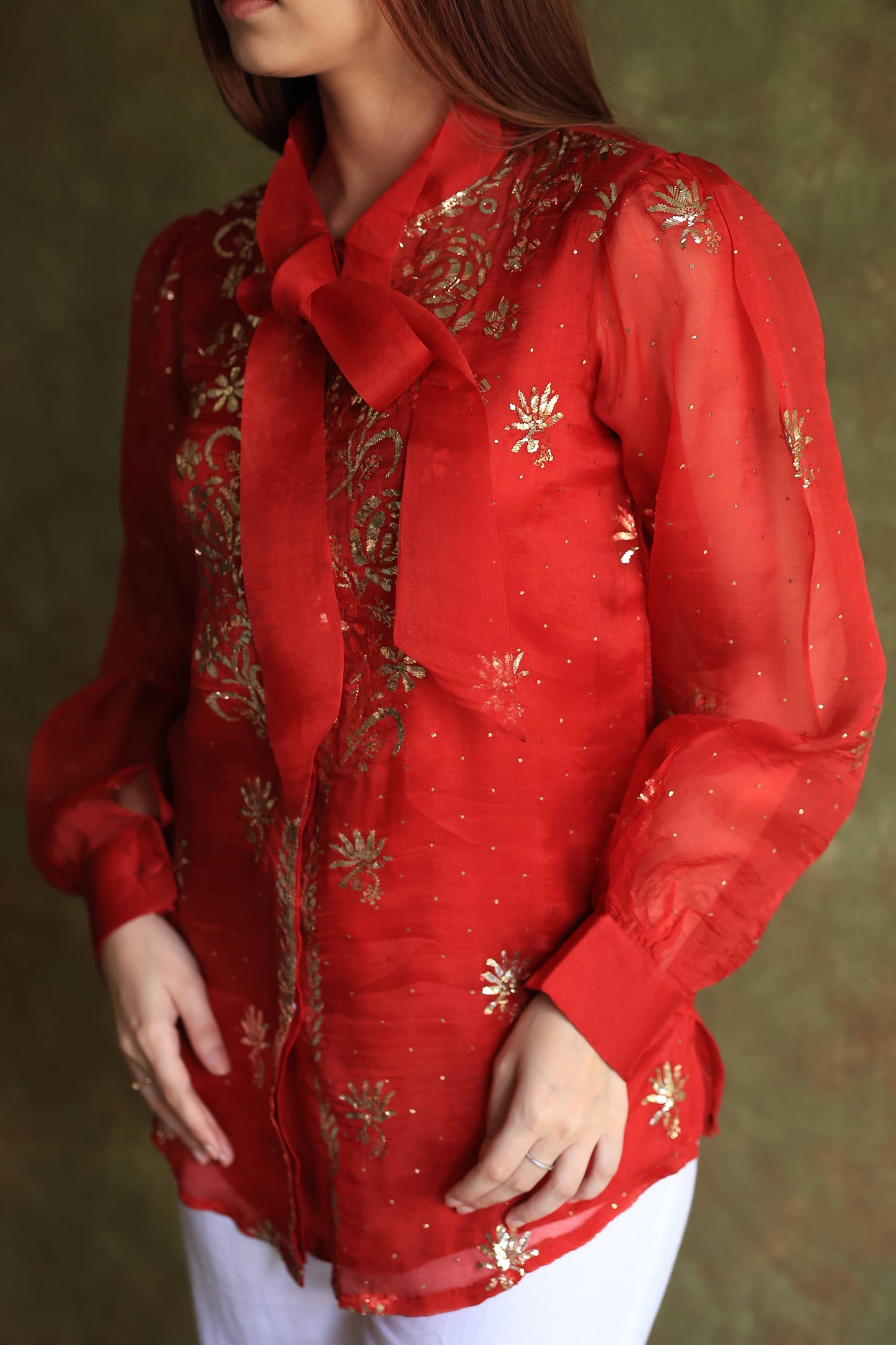 Red Noor Organza Mukaish Badla Chikankari Short Top With Bow Tie