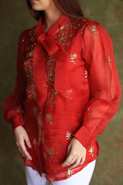 Red Noor Organza Mukaish Badla Chikankari Short Top With Bow Tie
