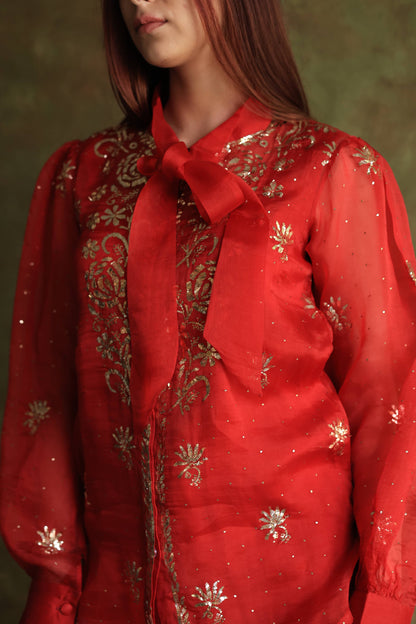 Red Noor Organza Mukaish Badla Chikankari Short Top With Bow Tie