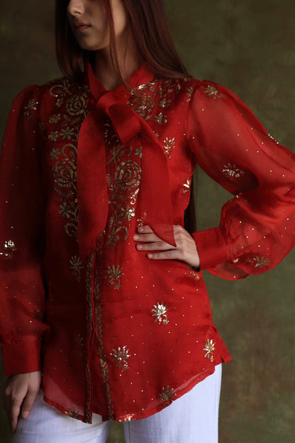 Red Noor Organza Mukaish Badla Chikankari Short Top With Bow Tie