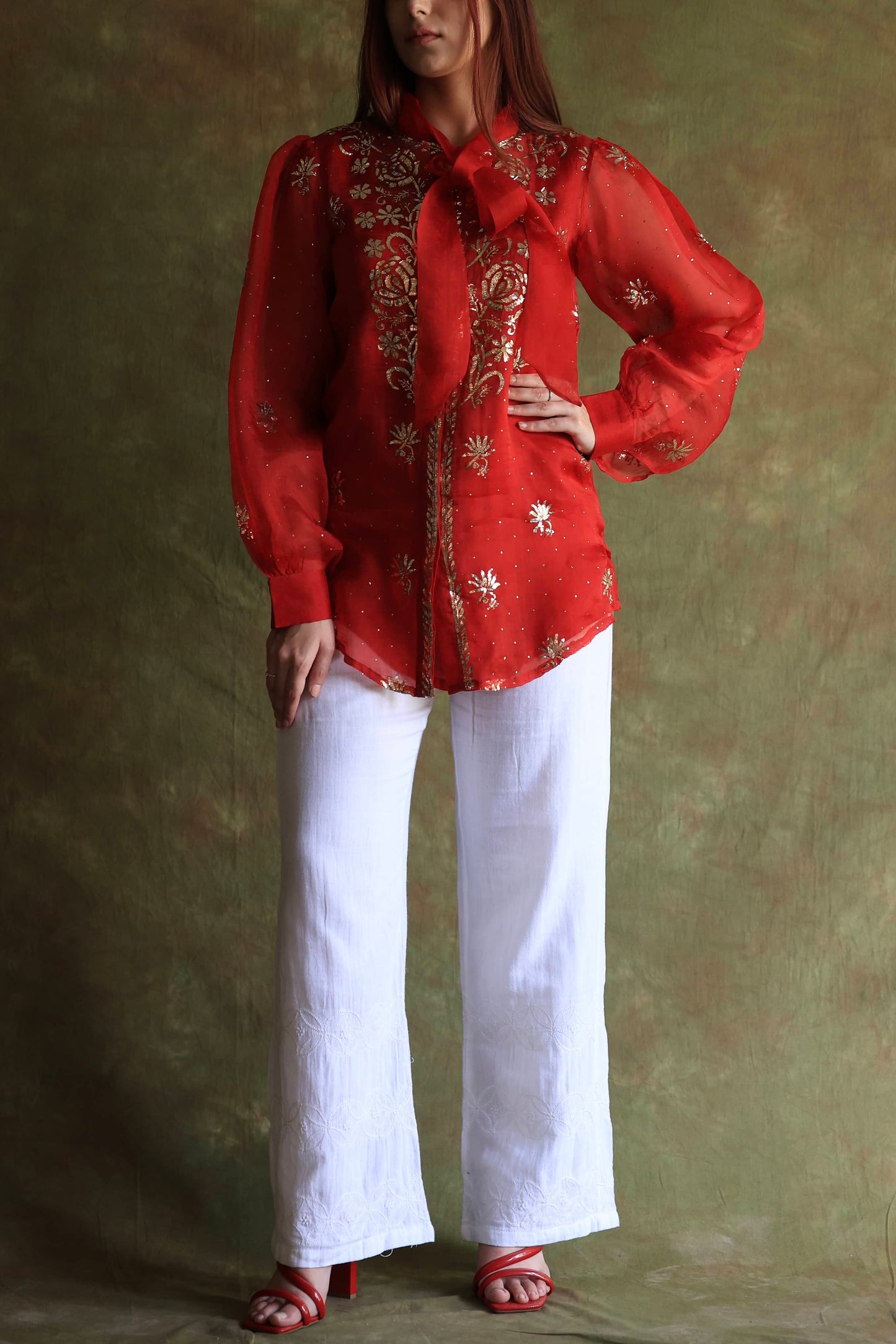 Red Noor Organza Mukaish Badla Chikankari Short Top With Bow Tie