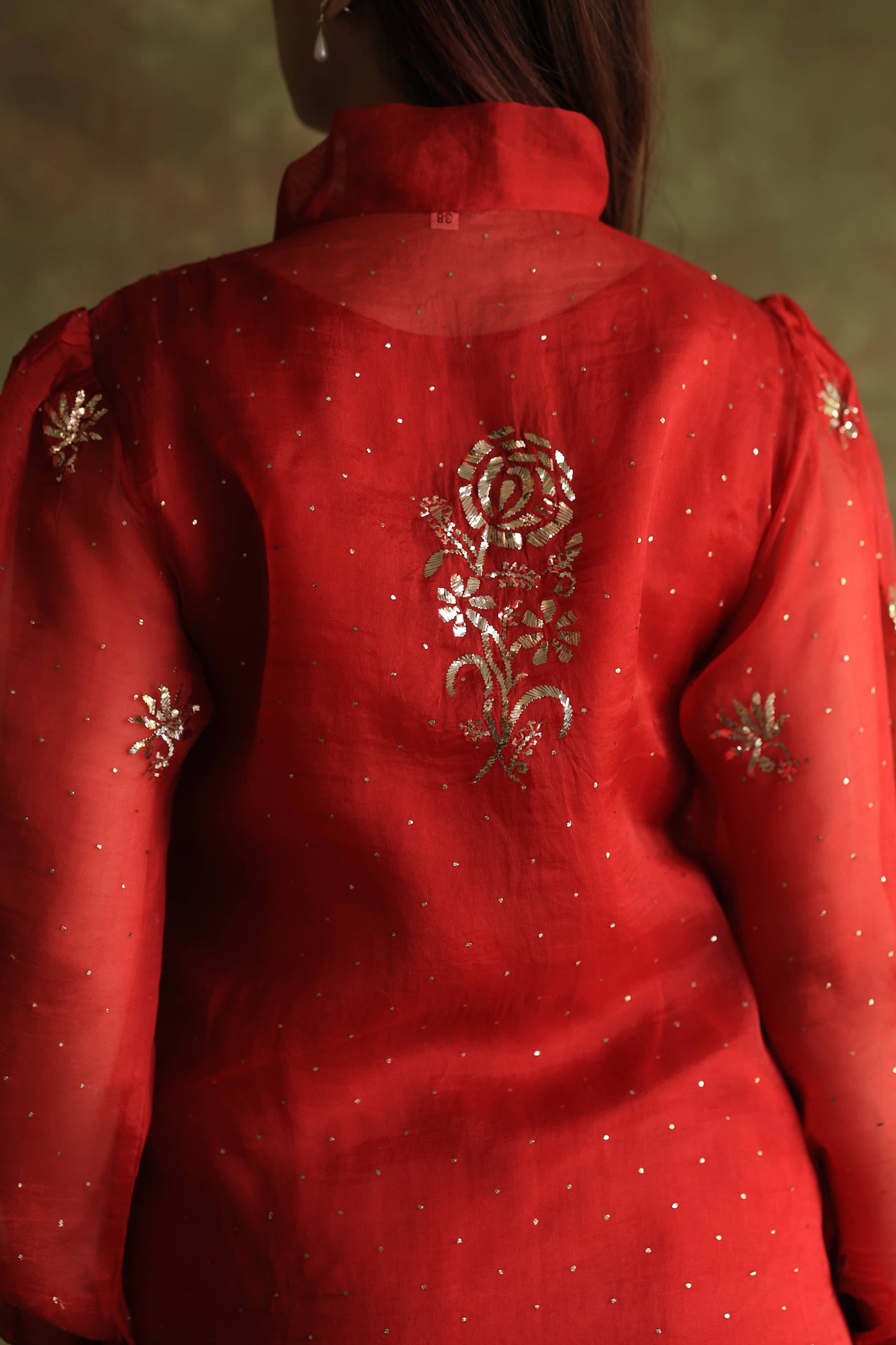 Red Noor Organza Mukaish Badla Chikankari Short Top With Bow Tie