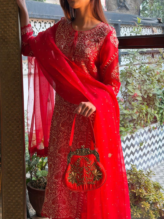 Red Noor Organza Silk Chikankari Straight Cut Kurta Dupatta Set