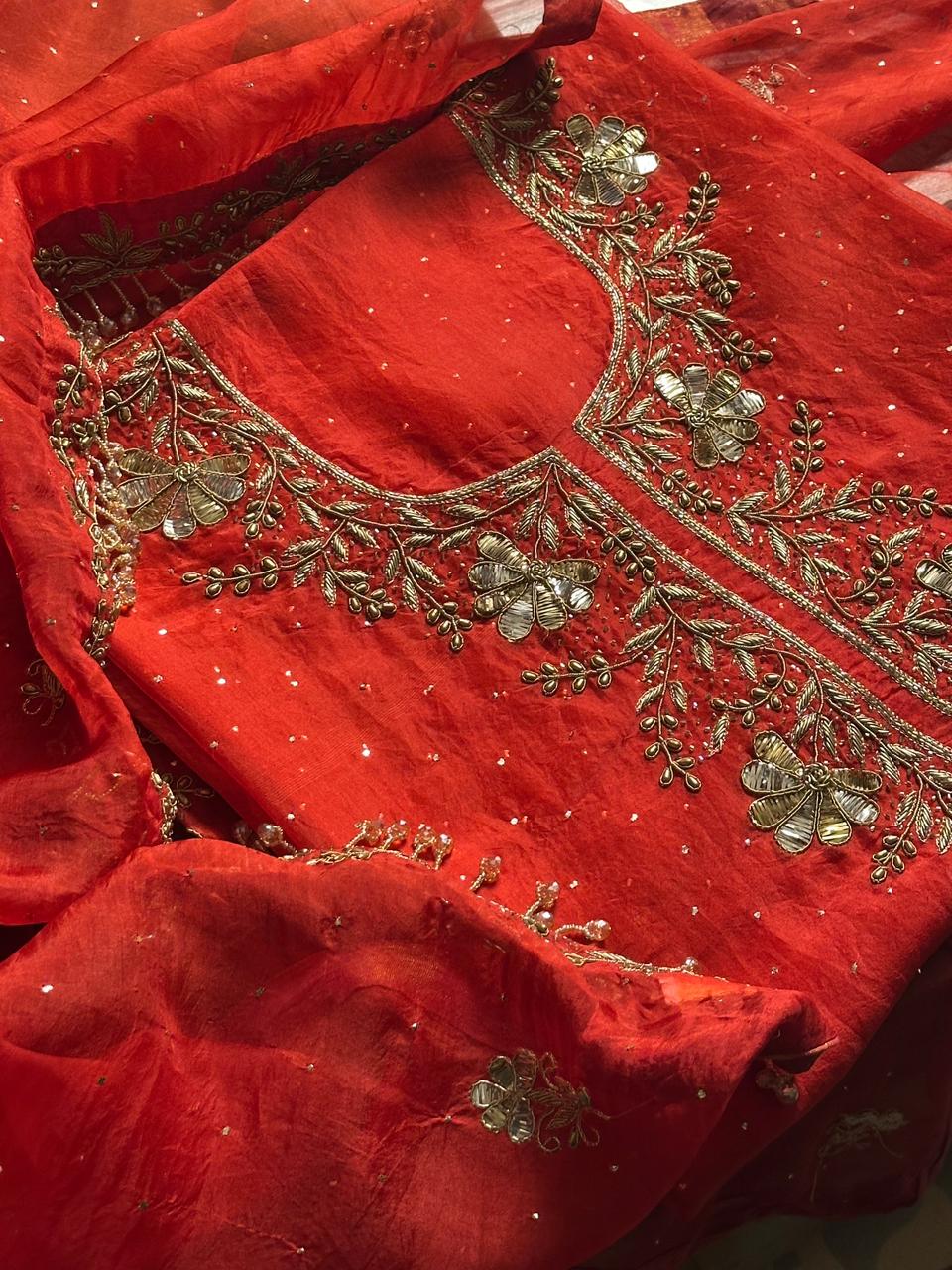 Red Organza Silk Awadhi Zardosi Kurta Set