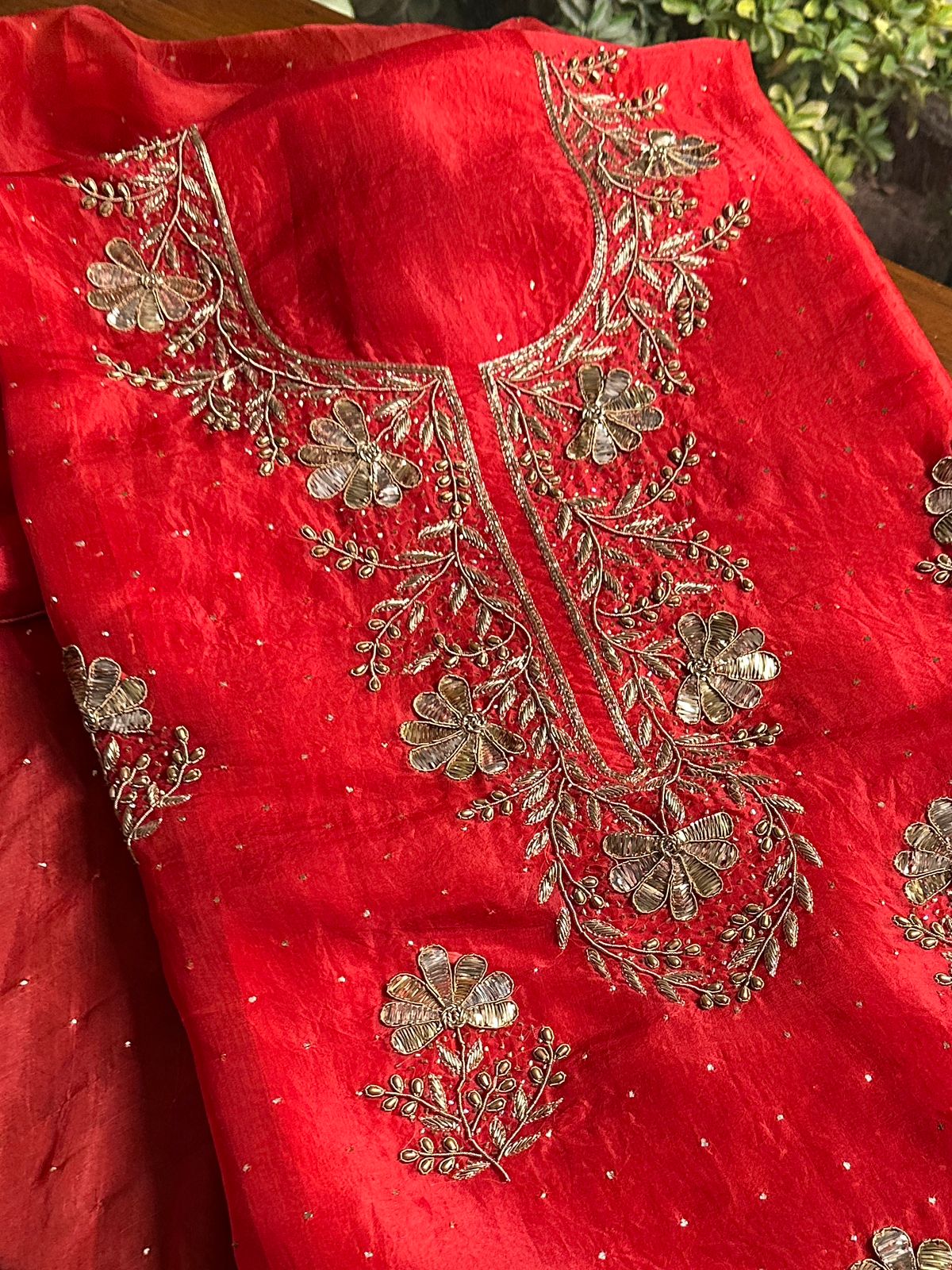 Red Organza Silk Awadhi Zardosi Kurta Set