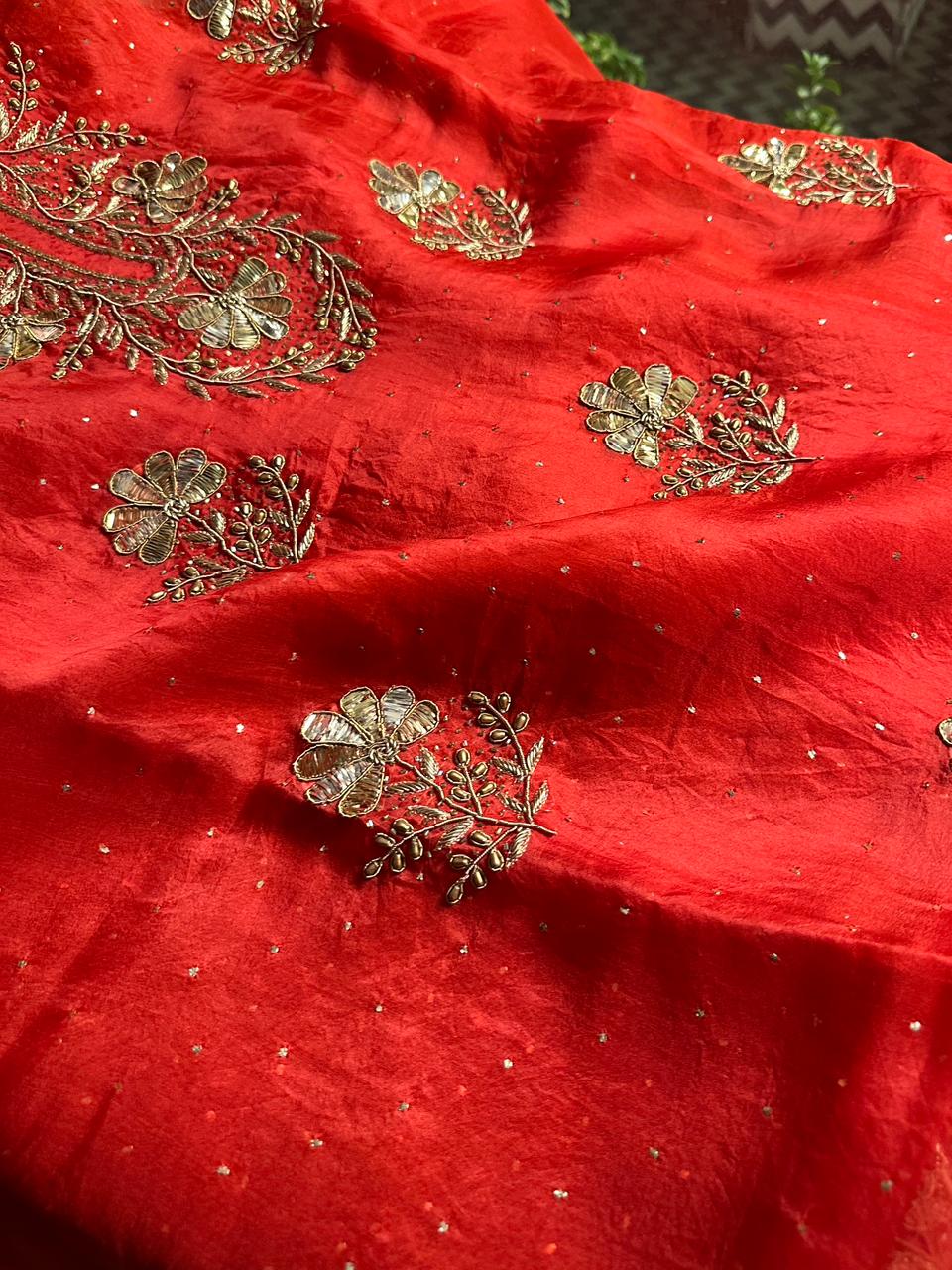 Red Organza Silk Awadhi Zardosi Kurta Set