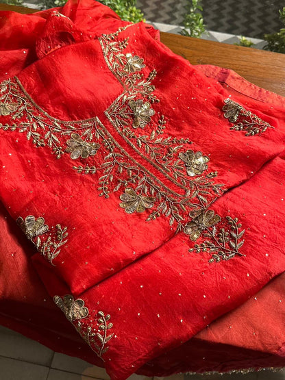 Red Organza Silk Awadhi Zardosi Kurta Set