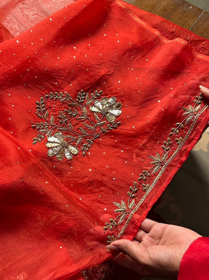 Red Organza Silk Awadhi Zardosi Kurta Set