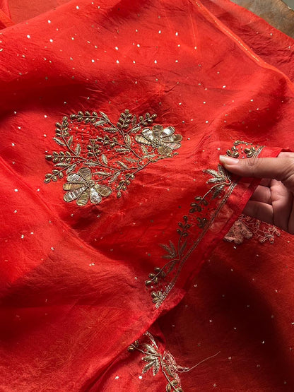 Red Organza Silk Awadhi Zardosi Kurta Set