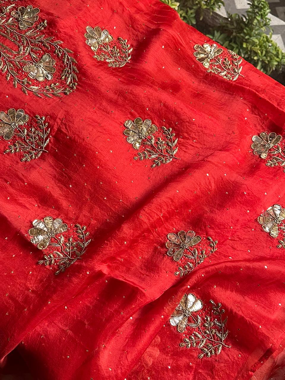 Red Organza Silk Awadhi Zardosi Kurta Set