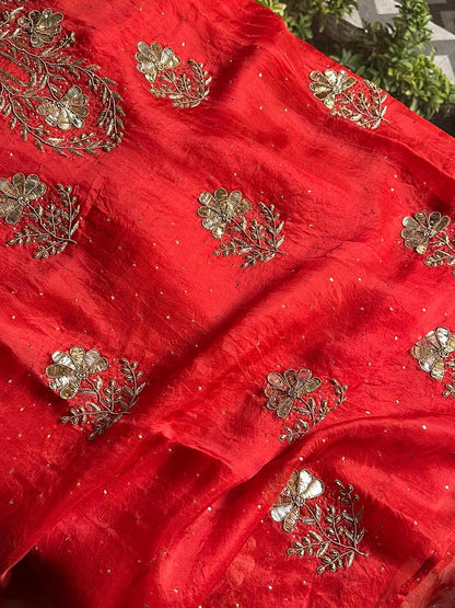 Red Organza Silk Awadhi Zardosi Kurta Set