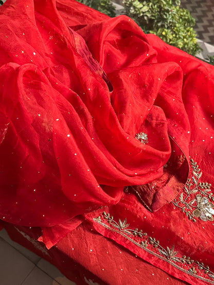 Red Organza Silk Awadhi Zardosi Kurta Set