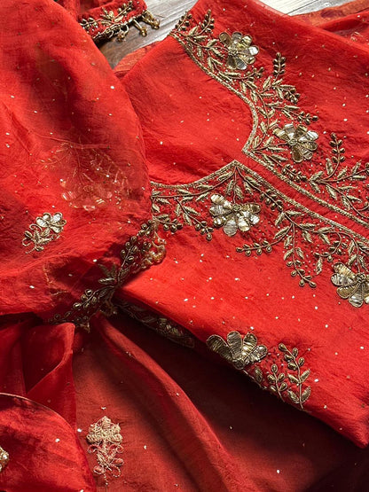 Red Organza Silk Awadhi Zardosi Kurta Set