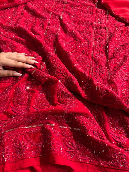 Red Pure Georgette Chikankari Kurta Dupatta Set