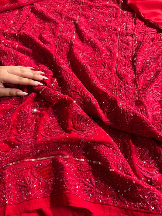 Red Pure Georgette Chikankari Kurta Dupatta Set