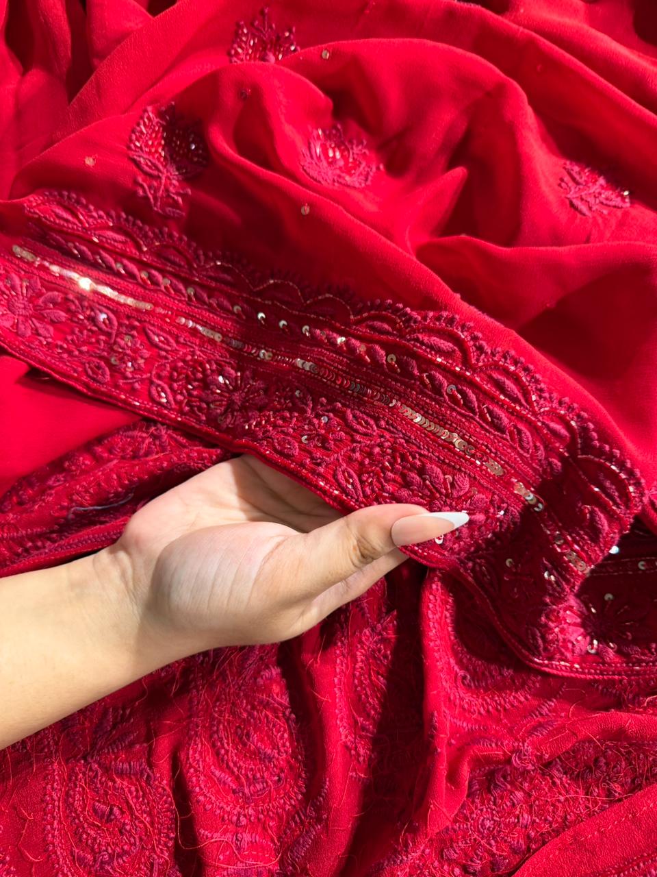 Red Pure Georgette Chikankari Kurta Dupatta Set