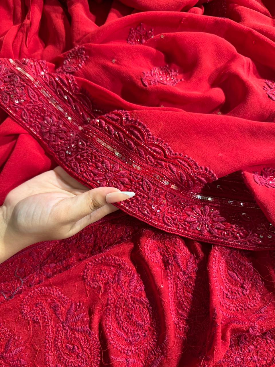 Red Pure Georgette Chikankari Kurta Dupatta Set