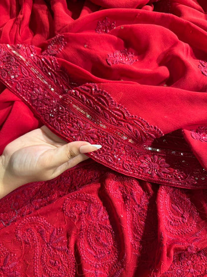 Red Pure Georgette Chikankari Kurta Dupatta Set