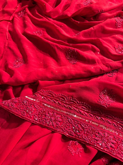 Red Pure Georgette Chikankari Kurta Dupatta Set