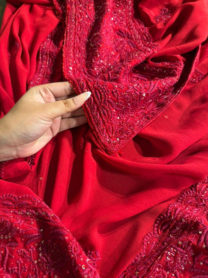 Red Pure Georgette Chikankari Kurta Dupatta Set