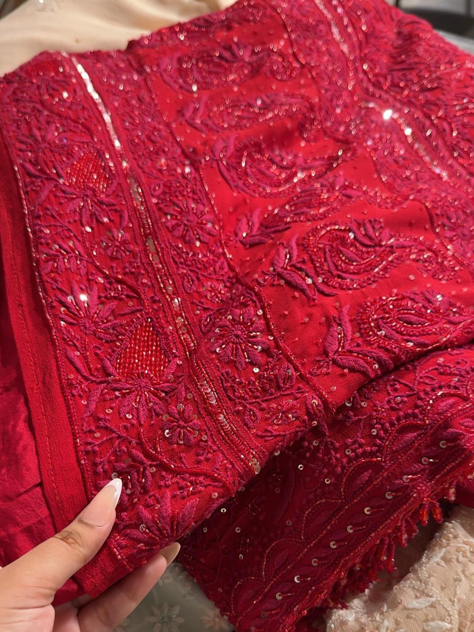 Red Pure Georgette Chikankari Kurta Dupatta Set